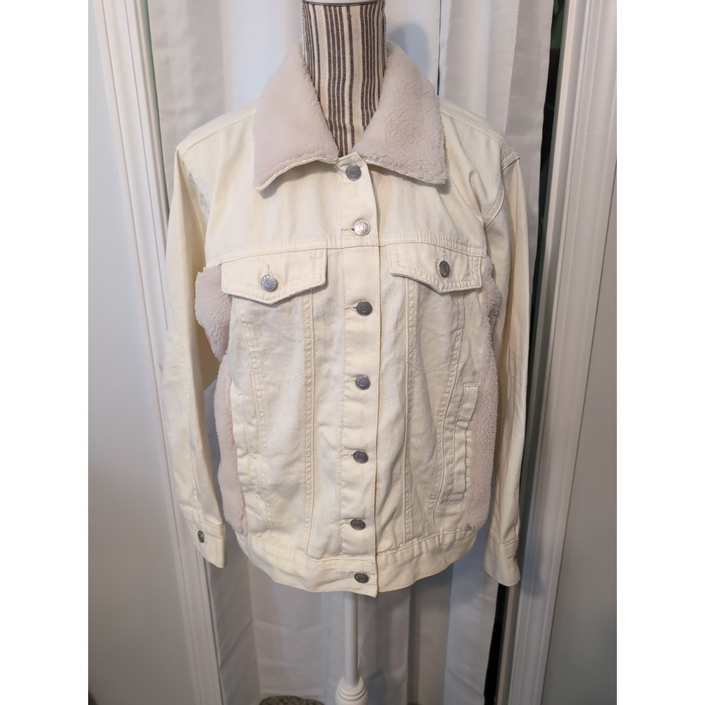 Madden Girl Cream Denim Button Up Faux Fur Jacket Y2K Small
